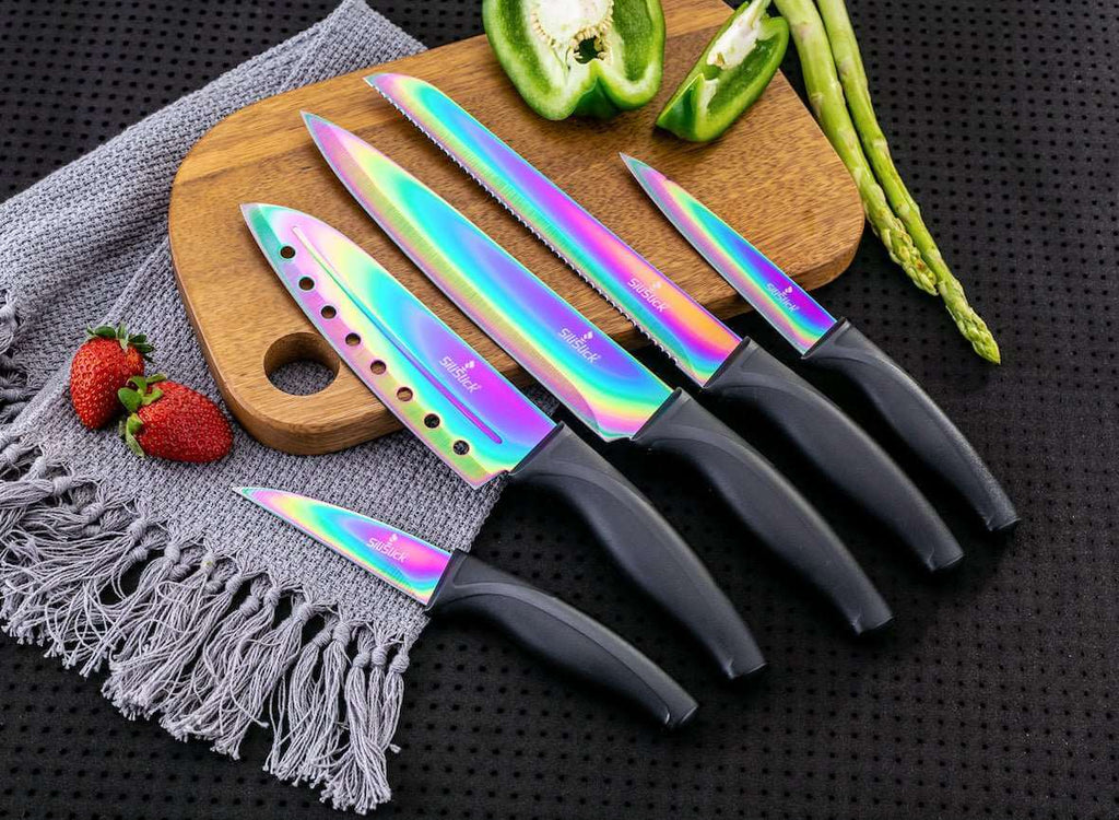 Steak Knife Set 4 Rainbow Titanium Coated Blades & Red Handles