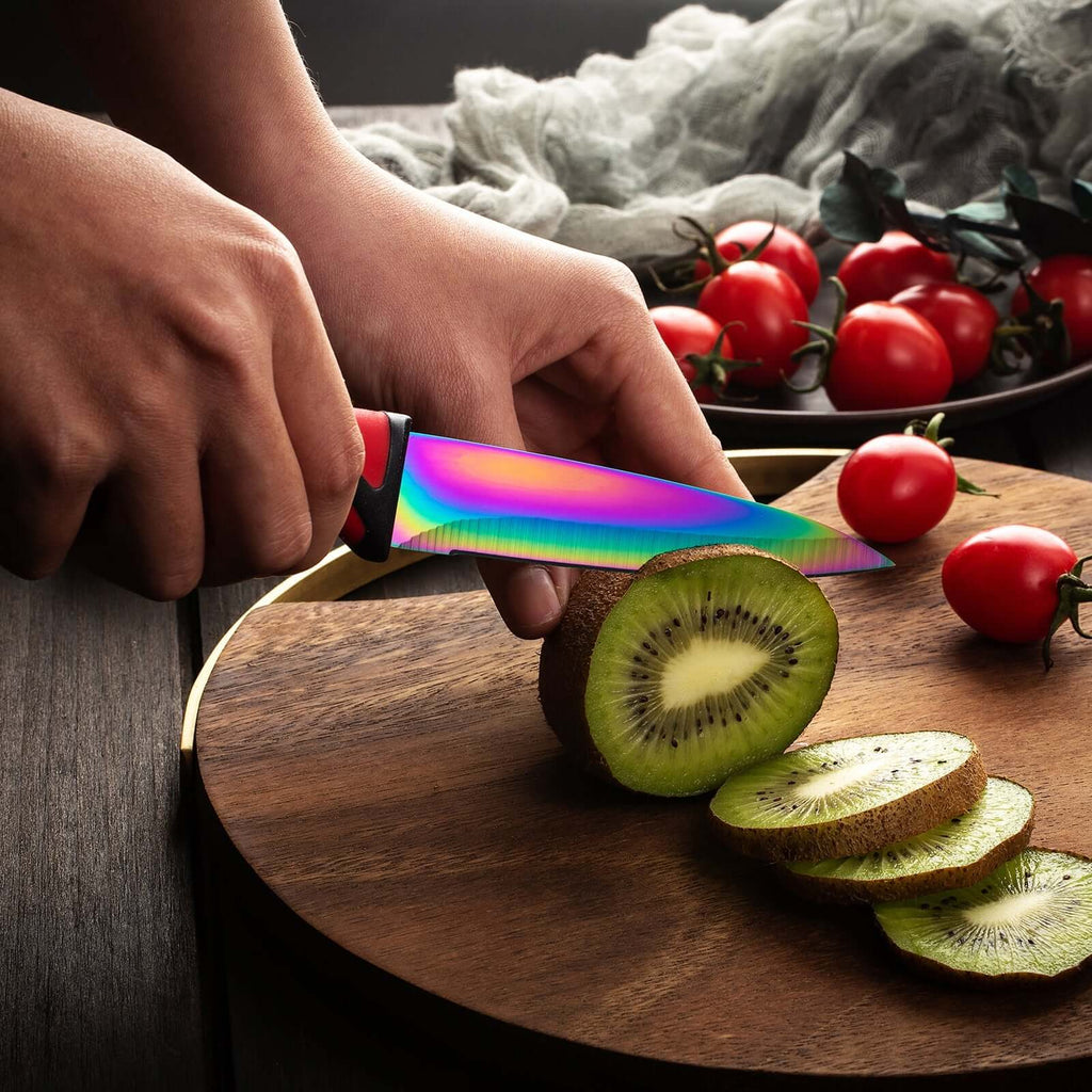 Steak Knife Set 4 Rainbow Titanium Coated Blades & Red Handles